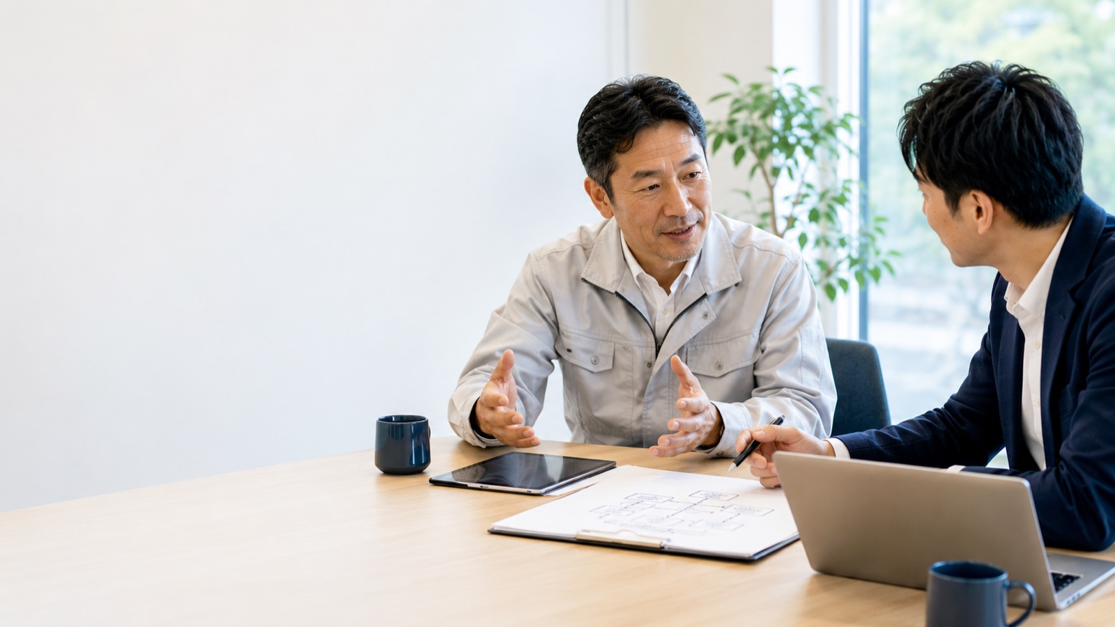 経営者と支援担当者が相談している様子