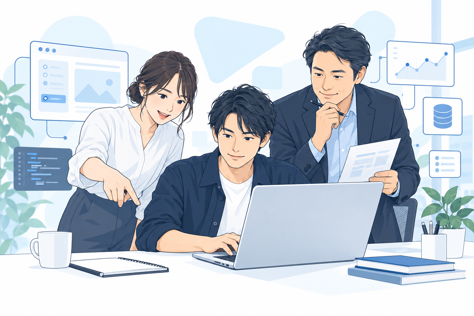 開発者と担当者が同じPCを囲み、試作品の画面を確認するイメージ