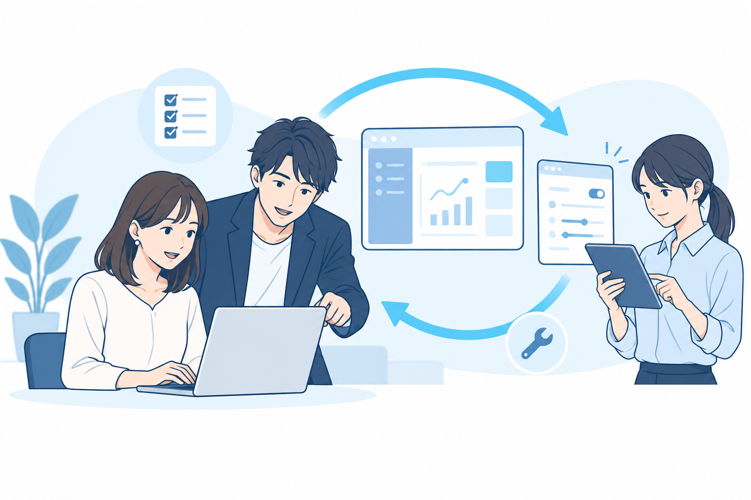 開発者が使い方を説明し、利用者の意見を聞いて改善するイメージ