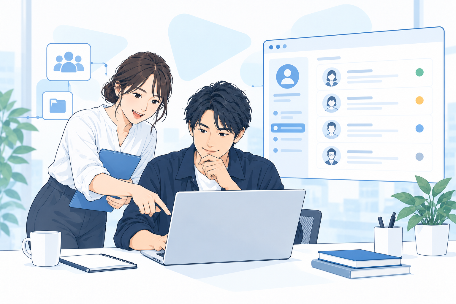 顧客・案件管理システムの利用場面を表すイラスト