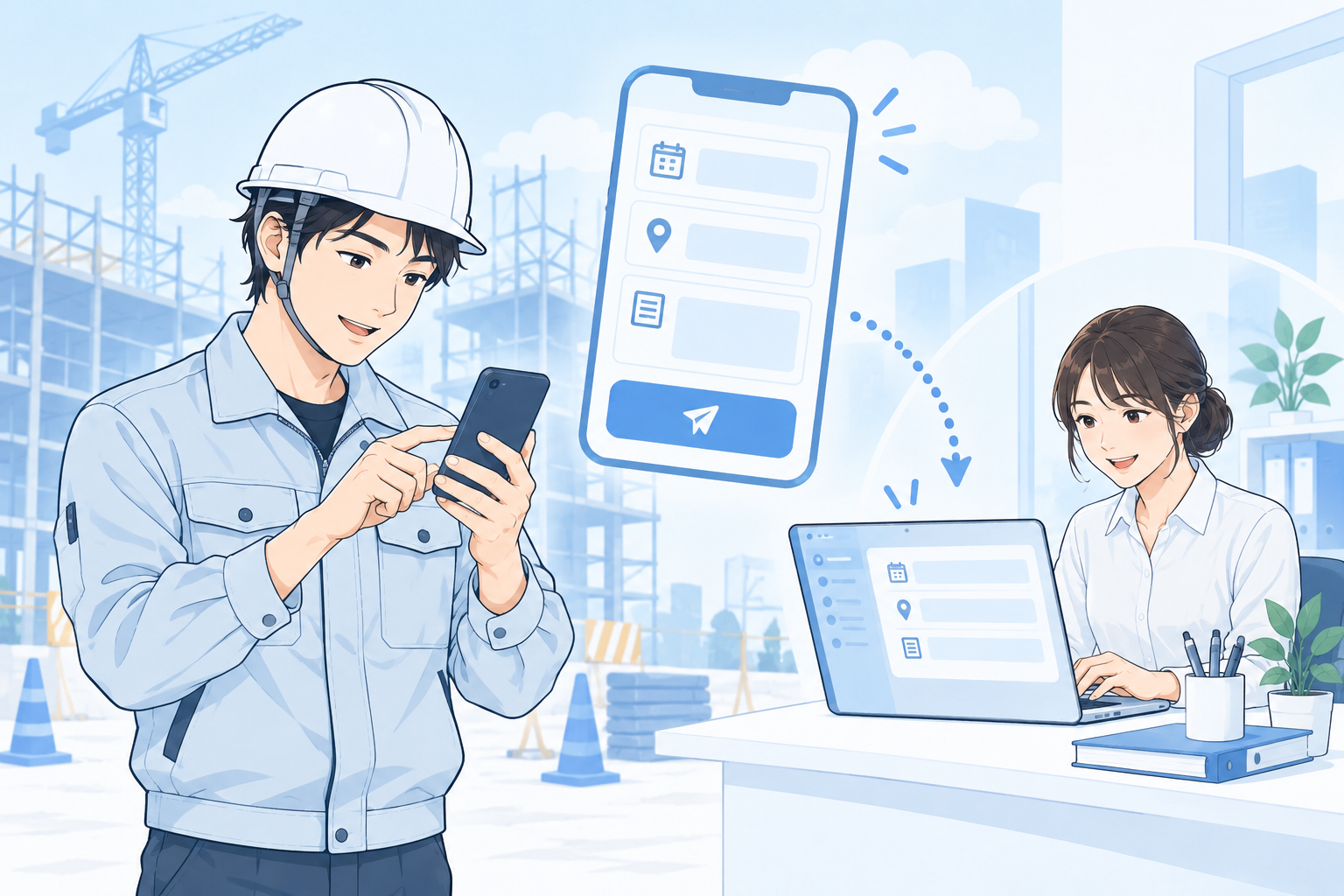 スマホで入力する日報アプリの利用場面を表すイラスト