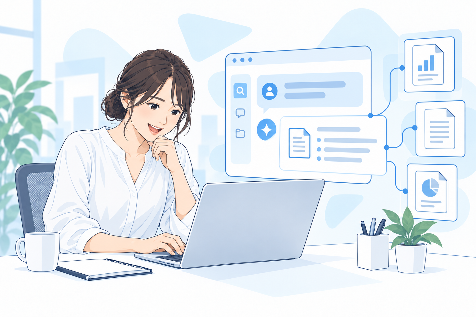 社内資料を探すAIの利用場面を表すイラスト