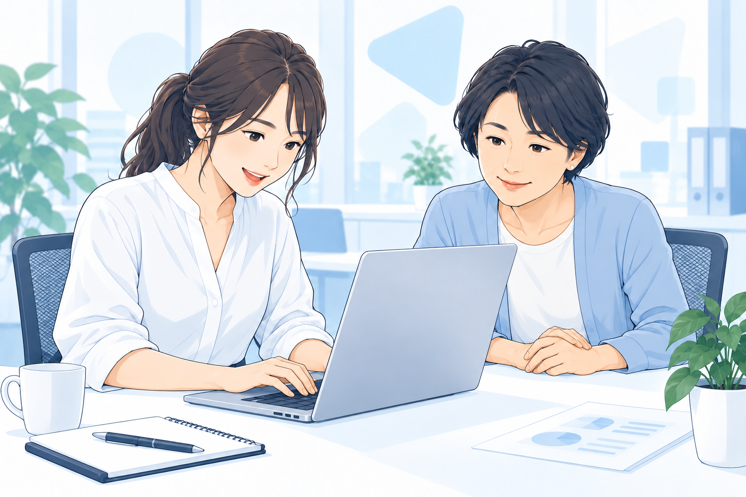 開発者がPCで試作品を作り、担当者が隣で画面を確認する場面