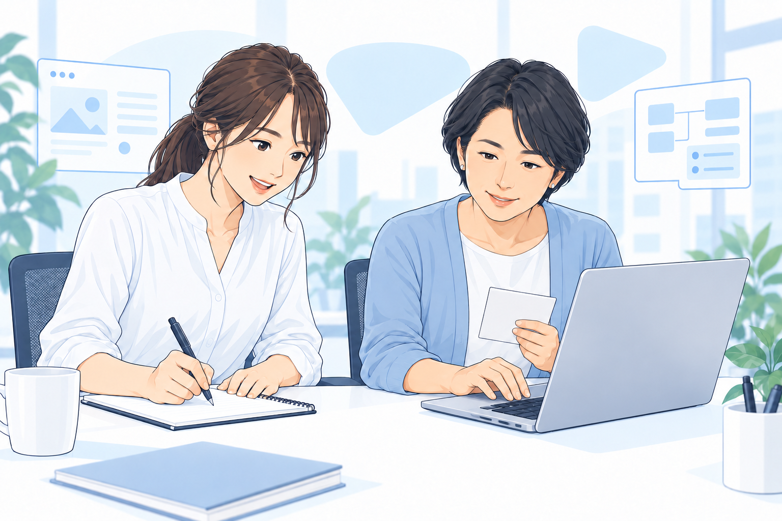 担当者が試作品を操作し、開発者が改善点を聞き取る場面