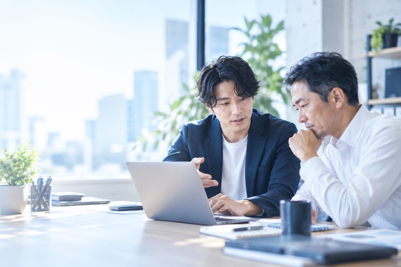 会社の業務や現場について話を聞く様子