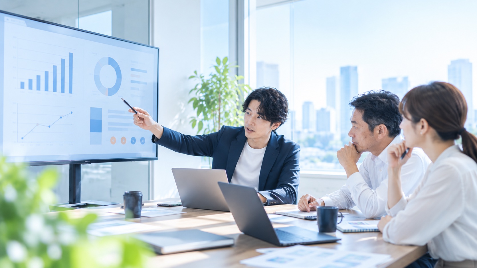 調査結果と改善案を画面で説明する様子
