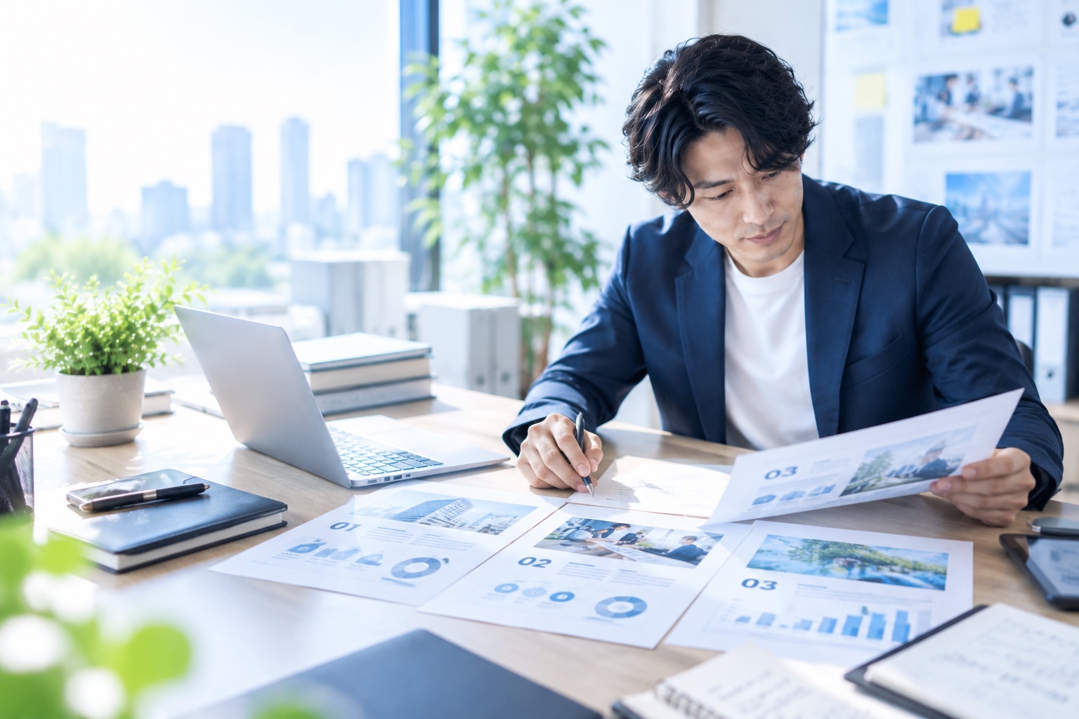 資料を確認しながら毎月の改善提案を検討する様子