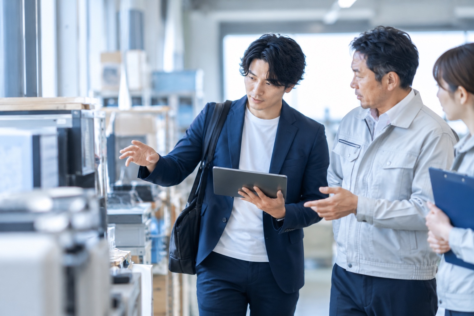 工場の現場で社員から業務の話を聞く様子