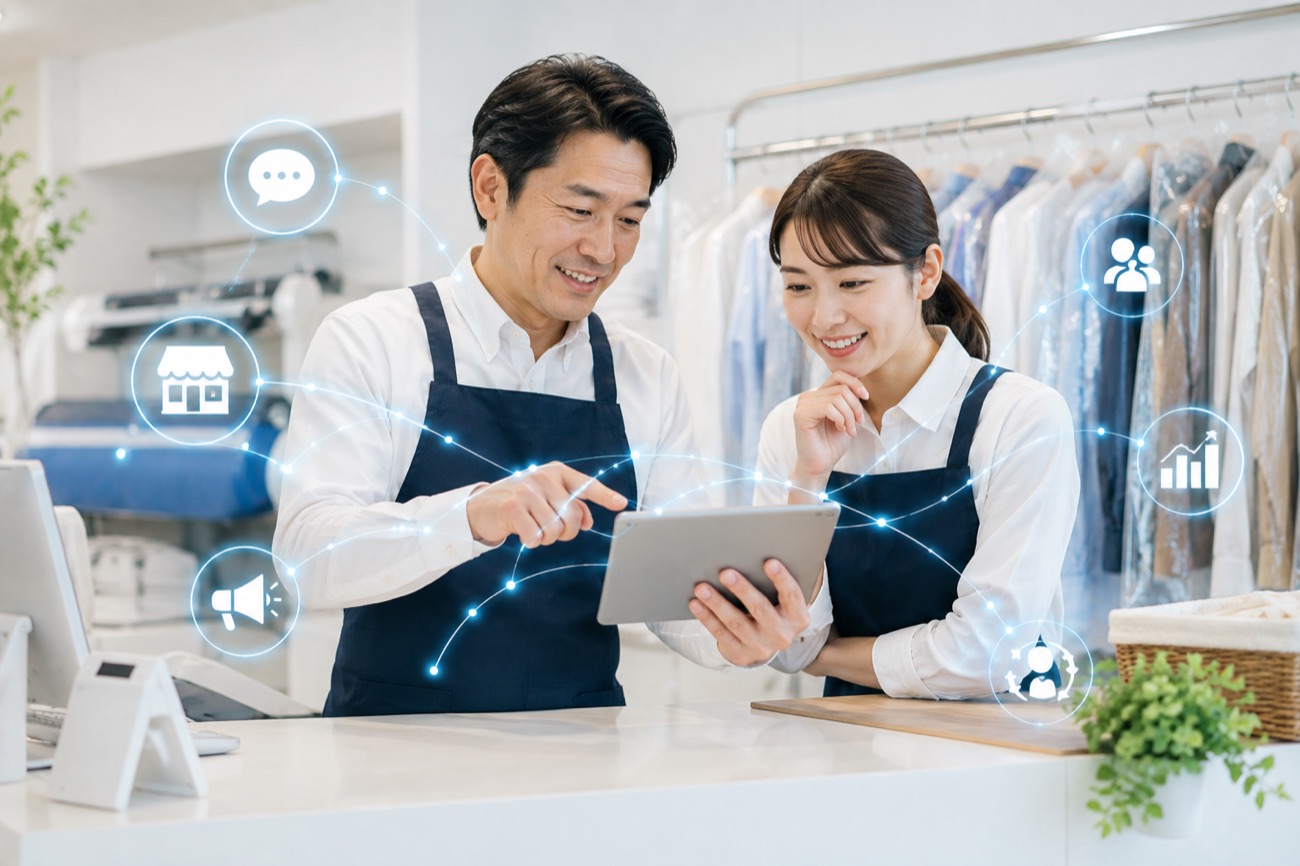 店舗で顧客データと販売促進結果を確認するスタッフ