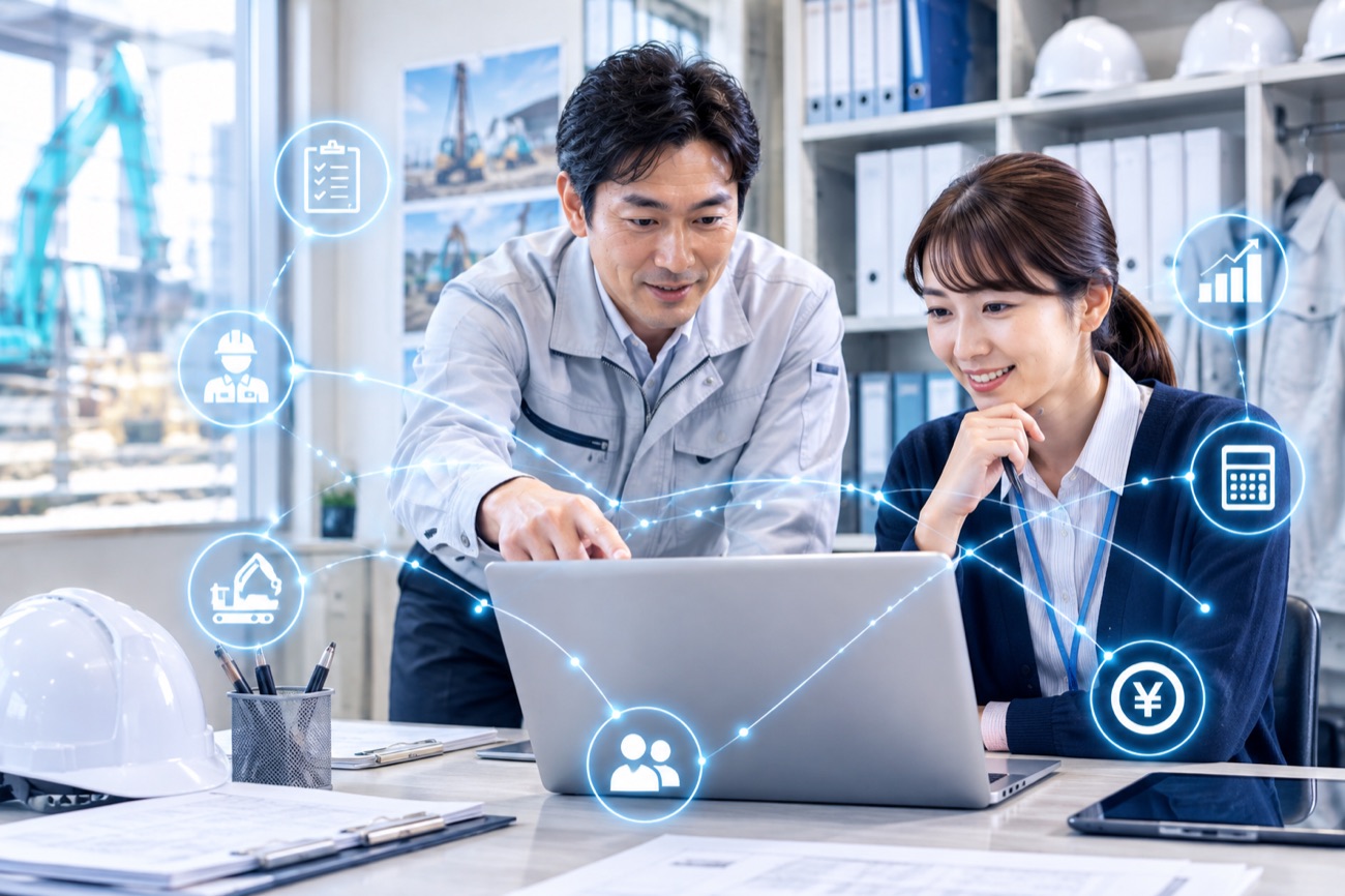 建設現場でスマートフォンの日報アプリを使う担当者