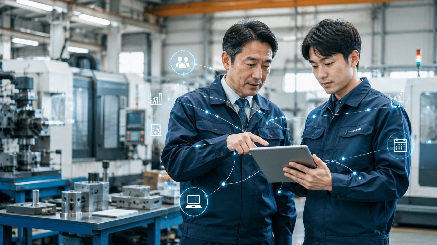 製造現場で新しいサービスの内容を確認する担当者