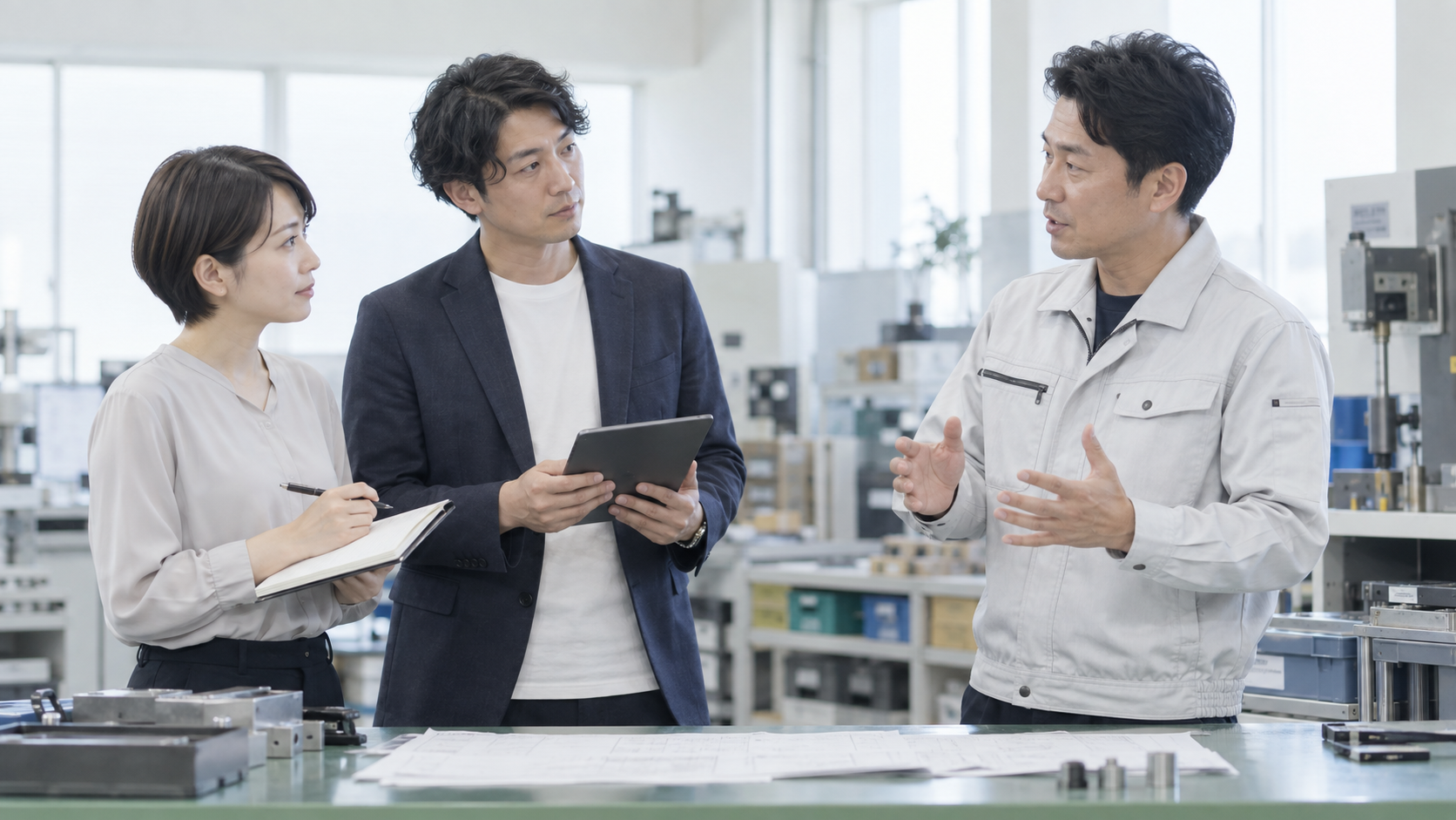 社内にIT担当者がいなくてもDX・AI活用は進められる?中小企業での進め方を説明するために生成した、明るい架空の写真風画像