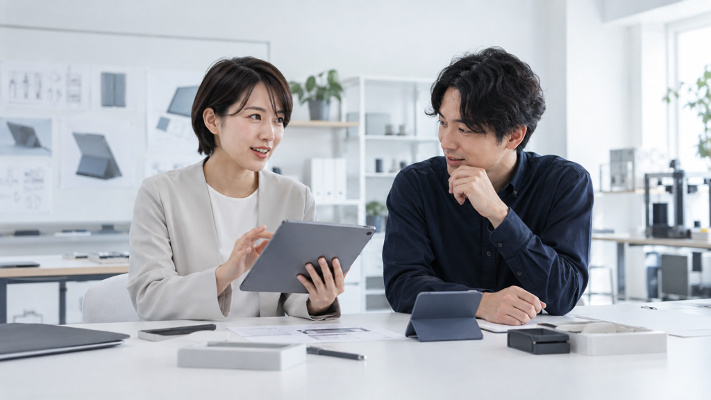 システム開発は完成するまで見られない？モックを触りながら作る開発方法を説明するために生成した、明るい架空の写真風画像