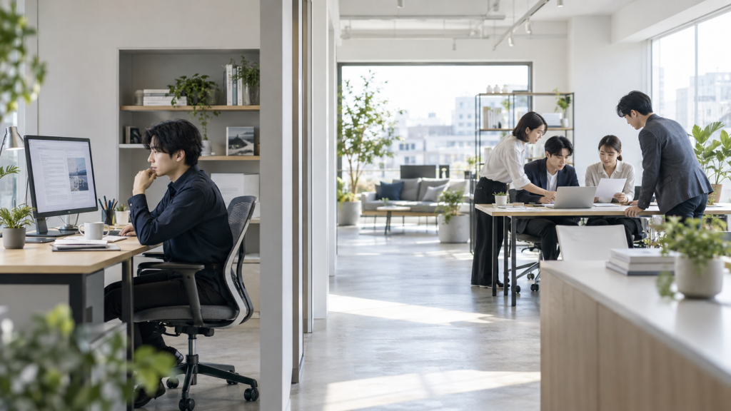 ChatGPTを社員が使うだけでもいい?会社としてAIを活用するときに考えることを説明するために生成した、明るい架空の写真風画像