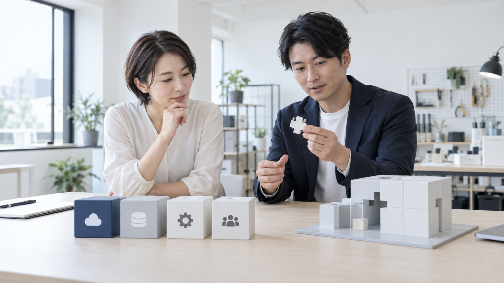 SaaSとスクラッチ開発、どちらを選ぶ?AYlabが自社開発だけを勧めない理由を説明するために生成した、明るい架空の写真風画像