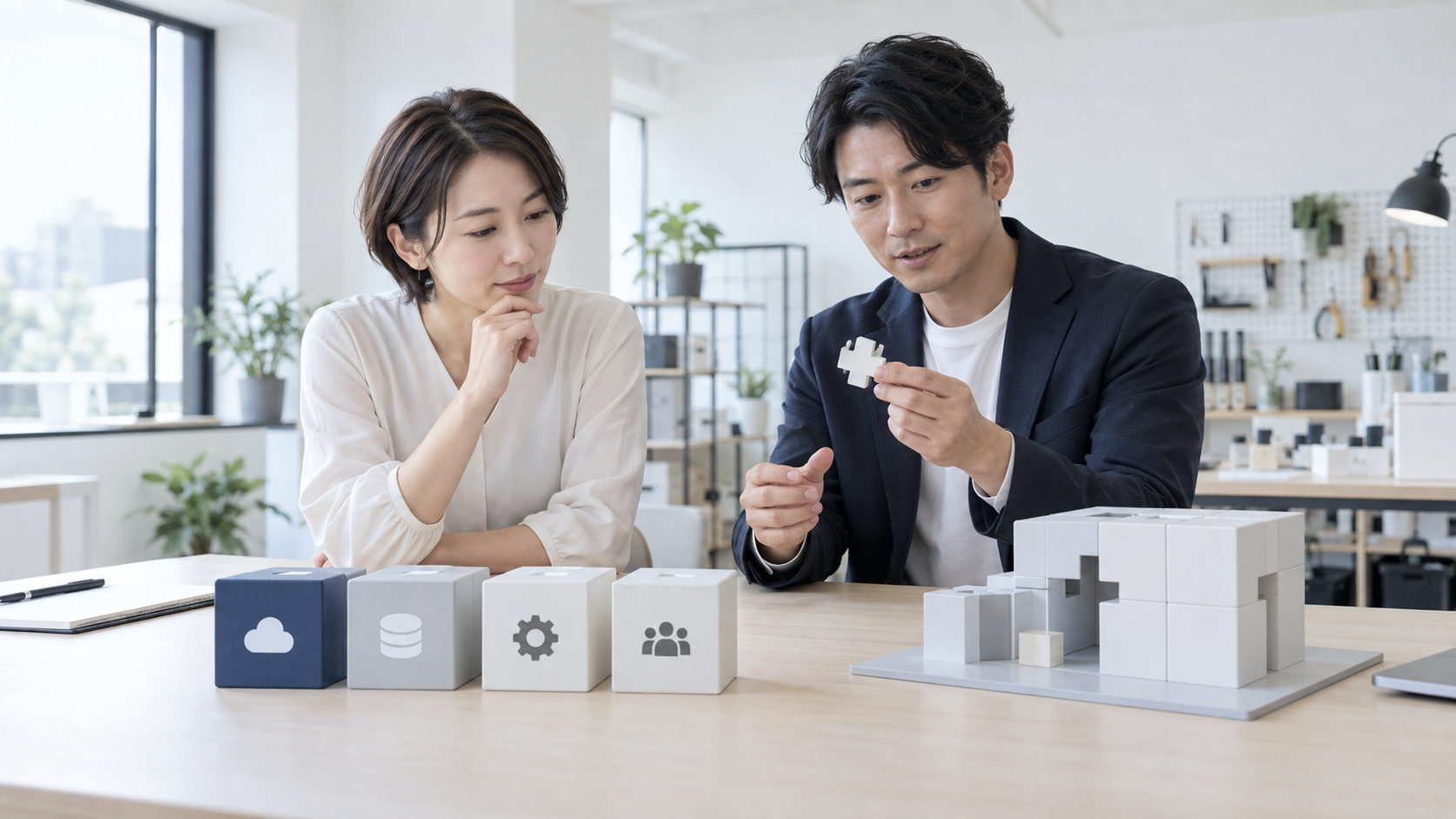 SaaSとスクラッチ開発、どちらを選ぶ？AYlabが自社開発だけを勧めない理由を説明するために生成した、明るい架空の写真風画像