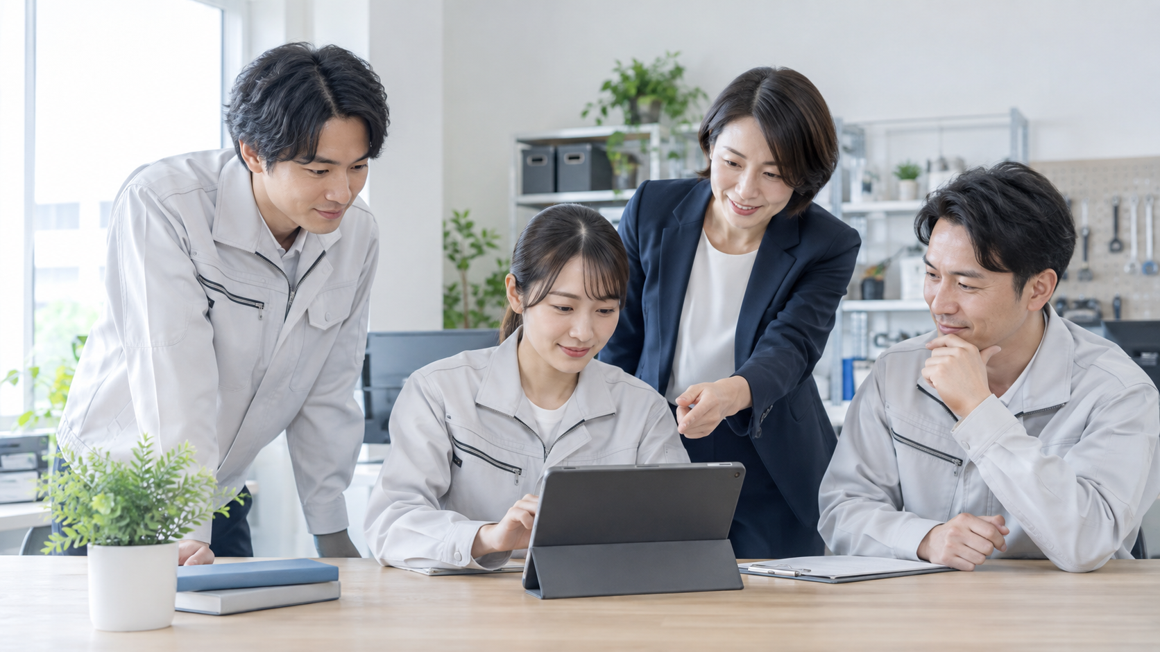 システムは作って終わりではない。導入後に社員が使える状態までどう作るかを説明するために生成した、明るい架空の写真風画像