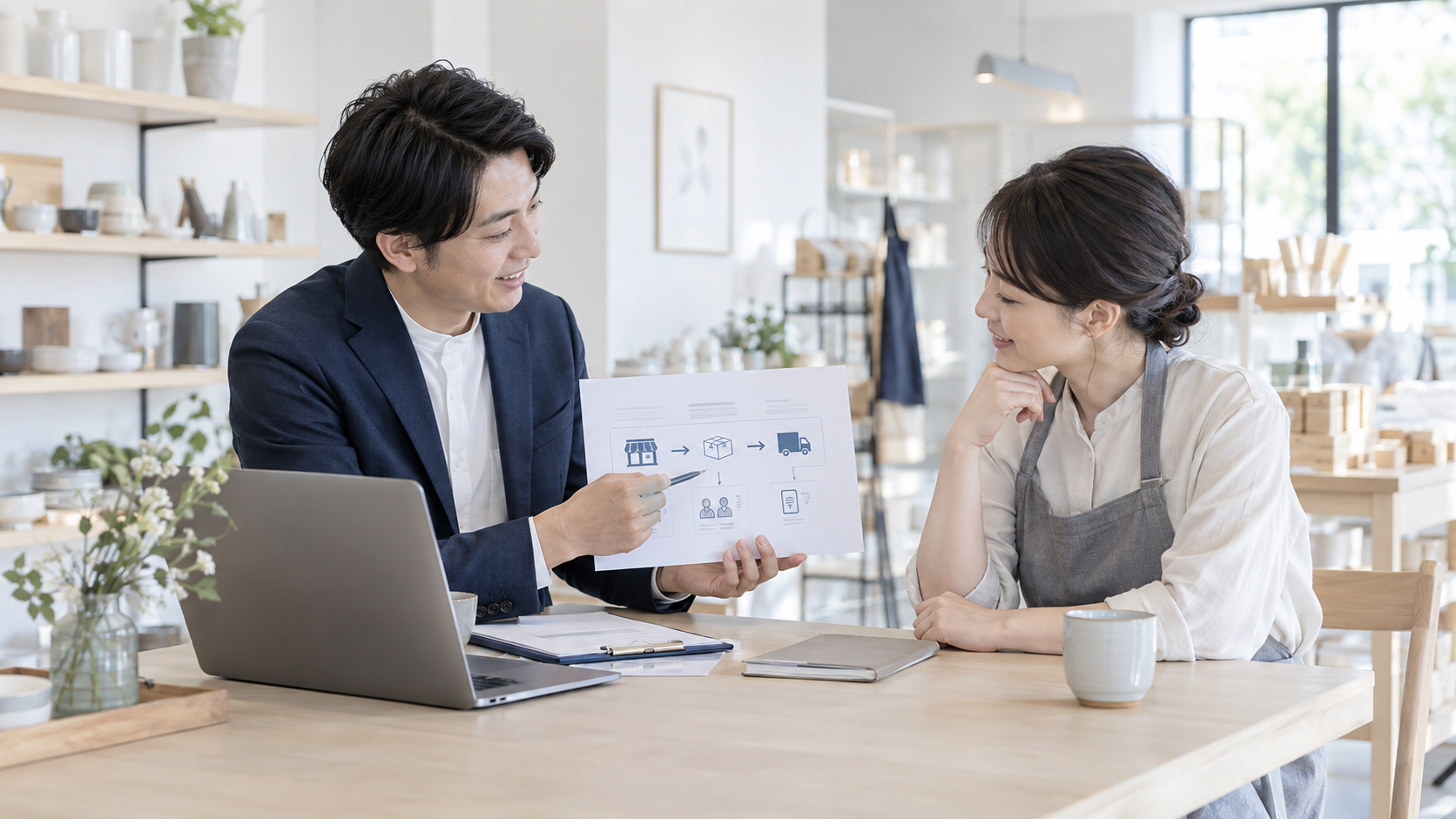 月額3万円~のIT顧問では何をする?「相談待ち」ではない提案型IT顧問を説明するために生成した、明るい架空の写真風画像